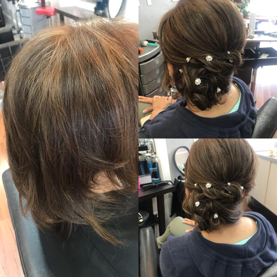 Short hair, low bun , side bun, wedding season, elegant look at Emma's hair  salon westbury - EMMA'S HAIR SALON & MAKE UP